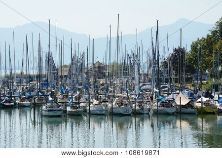 Sailboats In Marina At Chiemsee Lake In Germany