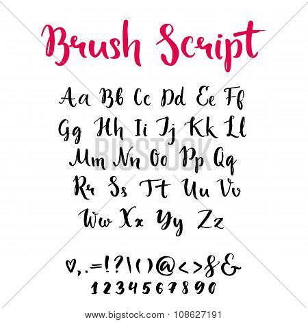 Brush script with lowercase and uppercase letters, keystrokes and digits. Full alphabet handwritten