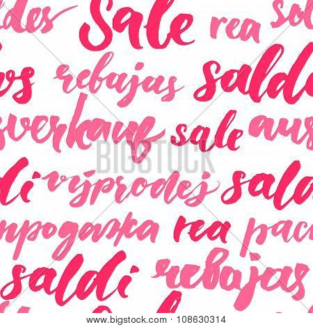 Pink sale texture with handwritten text in different languages. Seamless pattern for promo and adver