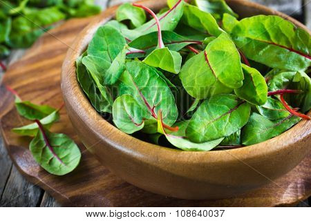 Fresh Chard Leaves In Wooden Bowl