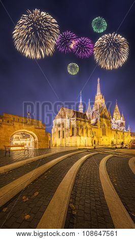 Beautiful Fireworks Under Fishermen's Bastion In Budapest