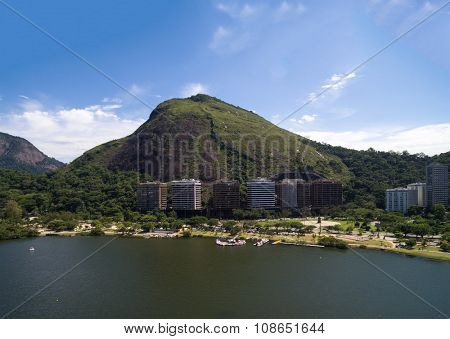 Aerial view of Rodrigo de Freitas Lake in Rio de Janeiro, Brazil.