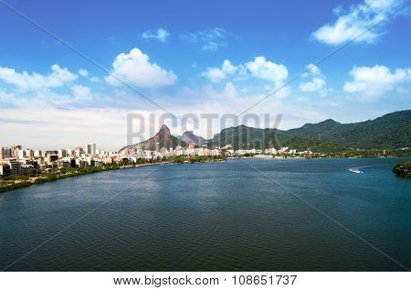 Aerial view of Rodrigo de Freitas Lake in Rio de Janeiro, Brazil.