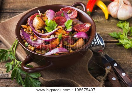 Lentils With  Sausage And Vegetables