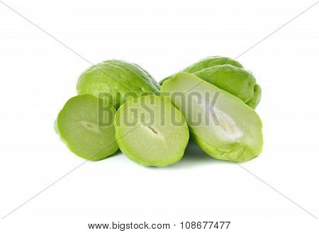 Whole And Half Cut Fresh Chayote On White Background