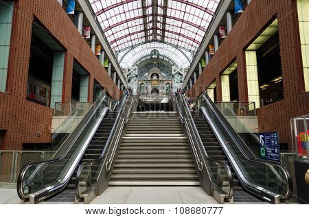 Antwerp, Belgium - May 11, 2015: Passengers In Main Hall Of Antwerp Central Station