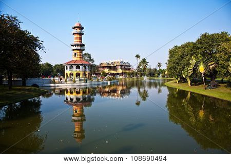 The Royal Residence (Phra Thinang) and Sages Lookout Tower (Ho Withun Thasana) of the Thai royal Summer Palace of Bang Pa-in near Ayutthaya and Bangkok