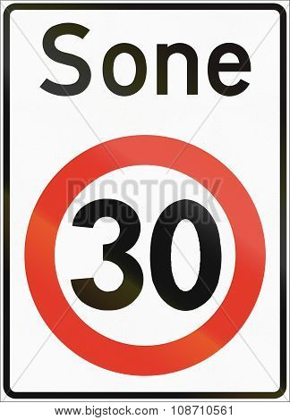 Norwegian Regulatory Road Sign - Restricted Speed Zone. Sone Means Zone