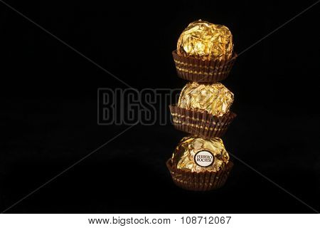 MONTREAL, CANADA - FEBRUARY 05, 2015: Ferrero Rocher is a chocolate sweet made by Italian Ferrero Spa. Rocher comes from French and means 
