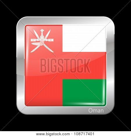 Flag Of Oman. Metallic Icon Square Shape