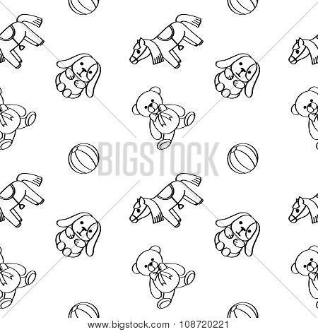 Toys. Seamless pattern. Black contour.
