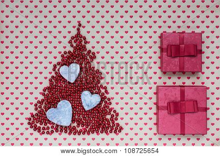 Christmas Background. Gift Wrapping Paper With Red Hearts, Red Christmas Tree With Hearts, Gift Boxe