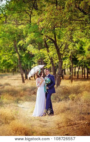 Bride and groom on their wedding day in garden