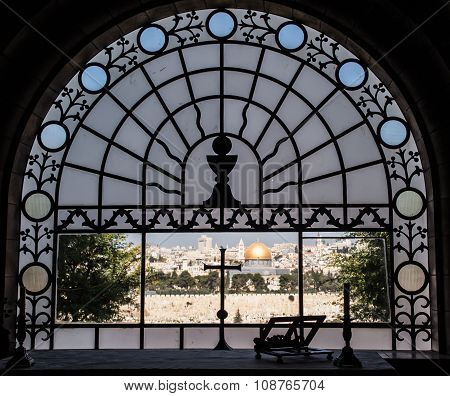View from Dominus Flevit church located on the Mountain of Olives on the old part of city Jerusalem. Israel.