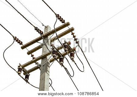 Wire Cables On Electricity Pole In The City For Safety Concept On White Background