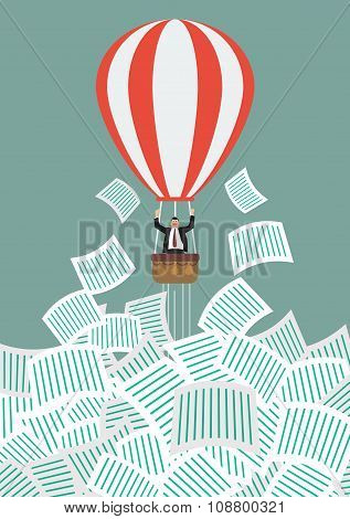 Businessman On Hot Air Balloon Get Away From A Lot Of Documents