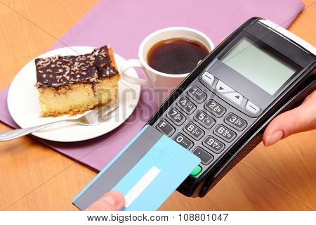 Paying With Contactless Credit Card For Cheesecake And Coffee In Cafe, Finance Concept