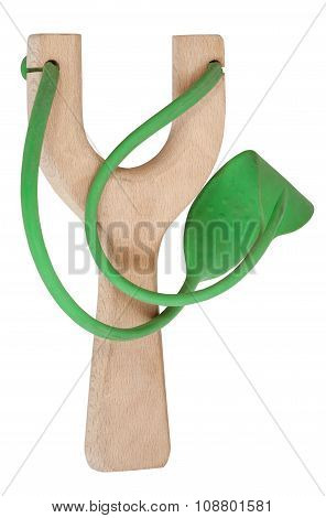 Simple Wooden Slingshot With Green Rubber Band