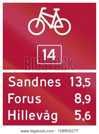 Norwegian Road Sign - Numbered Cycle Route With Distances