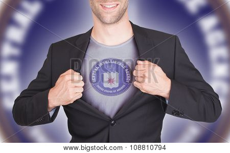 Businessman Opening Suit To Reveal Shirt With Flag