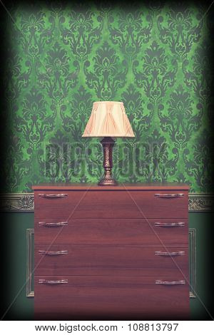 Lamp Holder In Green Vintage Interior With Vignette