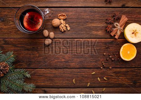 Mulled Wine, Punch And Spices For Glintwine On Vintage Wooden Table Background Top View