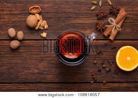 Mulled Wine, Punch And Spices For Glintwine On Vintage Wooden Table Background Top View