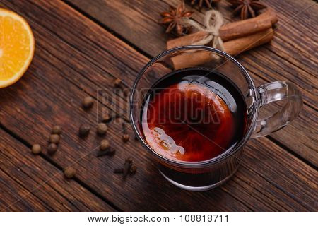Mulled Wine, Punch And Spices For Glintwine On Vintage Wooden Table Background