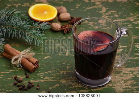 Mulled Wine, Punch And Spices For Glintwine On Vintage Wooden Background