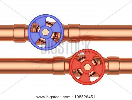 Blue And Red Valves On Copper Pipes Front View