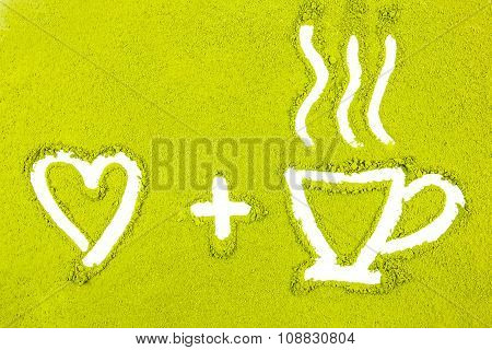Green Powder Forming Heart And Tea Cup Shape Surface Close Up