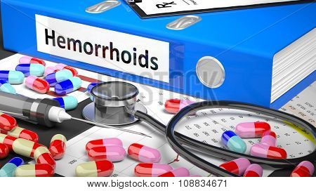 Illustration of doctor's desktop with different pills, capsules, statoscope, syringe, blue folder with label 'Hemorrhoids'
