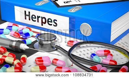 Illustration of doctor's desktop with different pills, capsules, statoscope, syringe, blue folder with label 'Herpes'