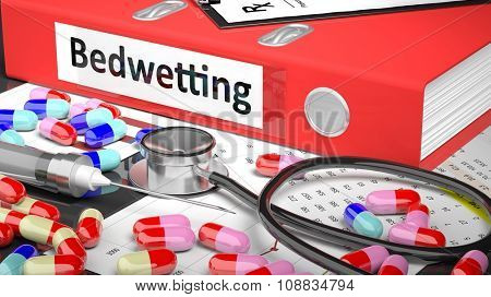 Illustration of doctor's desktop with different pills, capsules, statoscope, syringe, red folder with label 'Bedwetting'