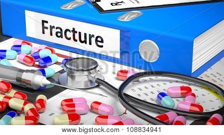 Illustration of doctor's desktop with different pills, capsules, statoscope, syringe, blue folder with label 'Fracture'