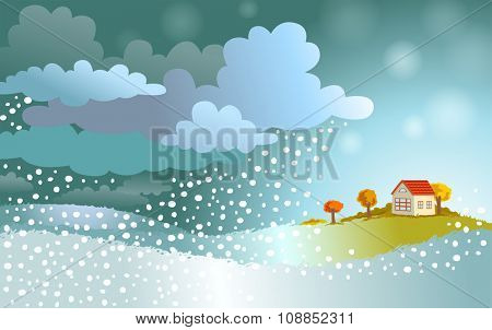 The winter comes - landscape with approaching a snowstorm on a small house.