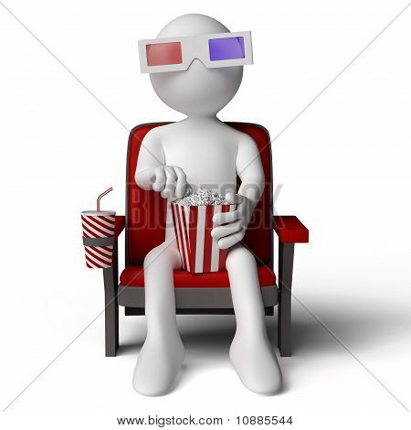 3D lidské sedící na křesle v kině, jíst popcorn s 3D brýlemi