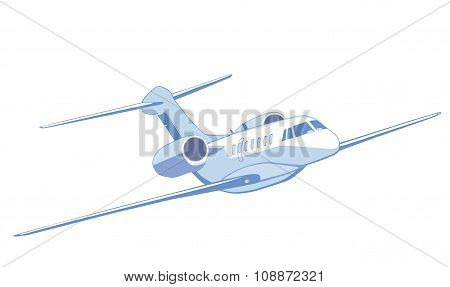 Flying Private Jet. Isolated On White. Front View.