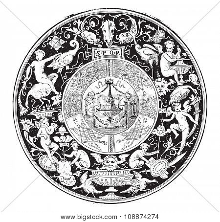 Faenza majolica, Fruits dish, vintage engraved illustration. Industrial encyclopedia E.-O. Lami - 1875.