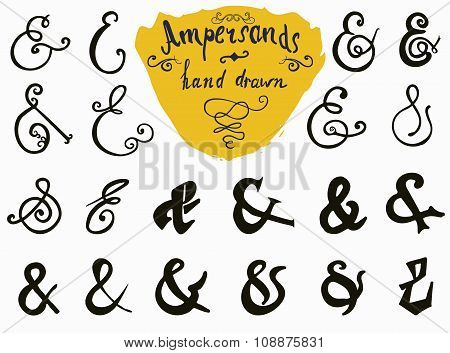 Ampersands And Catchwords Hand Drawn Set For Logo And Label Designs. Vintage Style Hand Lettered Sym