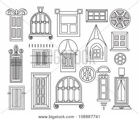 Windows and doors set for City houses, detailed doodle