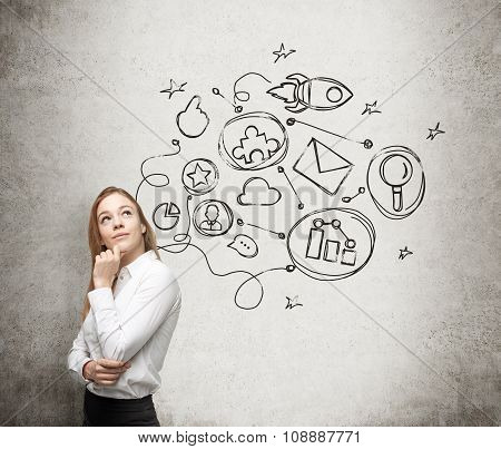 A Young Lady Is Thinking About An Optimisation Scheme In Some Business Process. Some Connected Icons