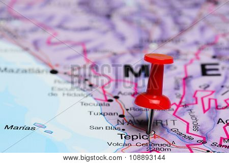 Tepic pinned on a map of Mexico