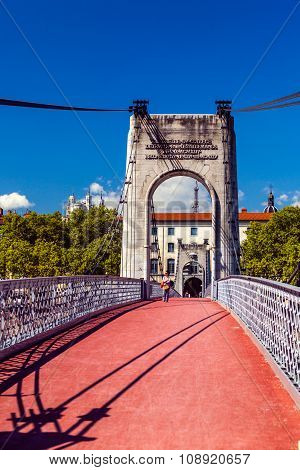 Old Passerelle Du College Bridge Over Rhone River In Lyon, France