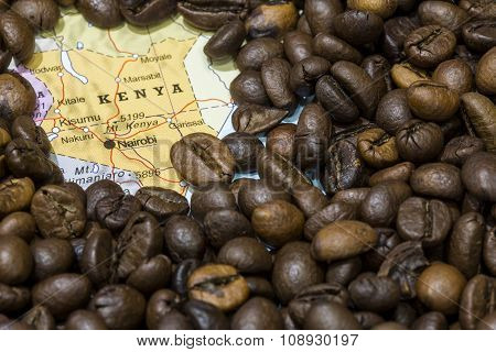 Map Of Kenya Under A Background Of Coffee Beans