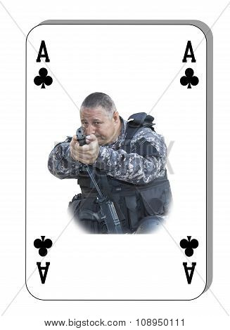 The ace of clubs in the fight. Special unit to fight terrorists. Cards are dealt on the table.