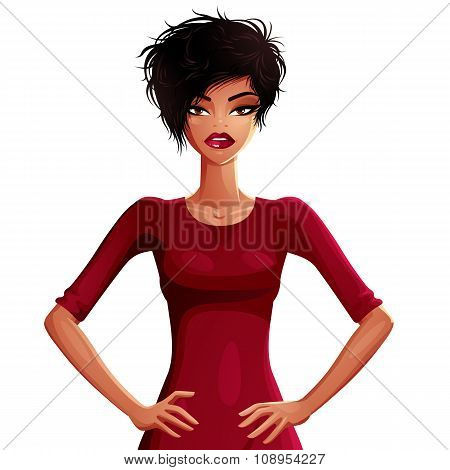 Beautiful Tanned Woman, Upper Body Portrait. Colorful Drawing Of Cute Slender Girl With Modern Mak