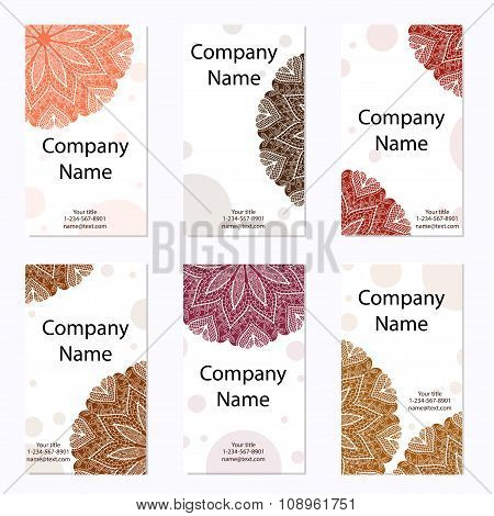 Set Of Six Business Cards. Vintage Pattern In Retro Style With Mandala. Hand Drawn Islam, Arabic, In