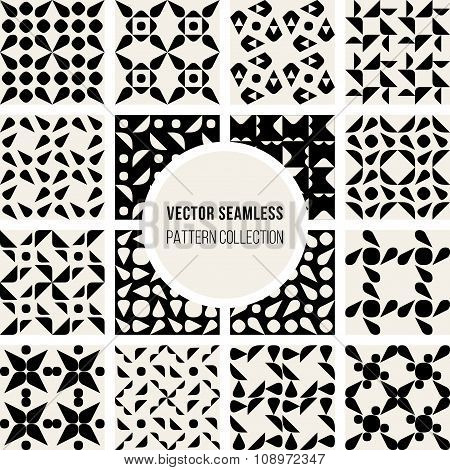 Set Of Sixteen Vector Seamless Black And White Rounded Geometric Pattern Collection