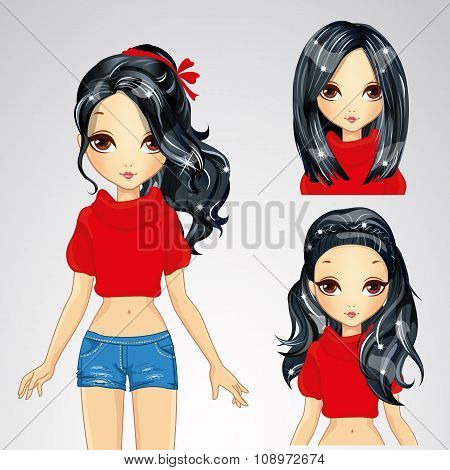 Girl In Red Sweater And Collection Of Hairstyle